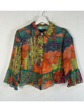 Christina Hope Womens Multicolor Floral Silk Blouse Small Petite Ruffled Sleeve